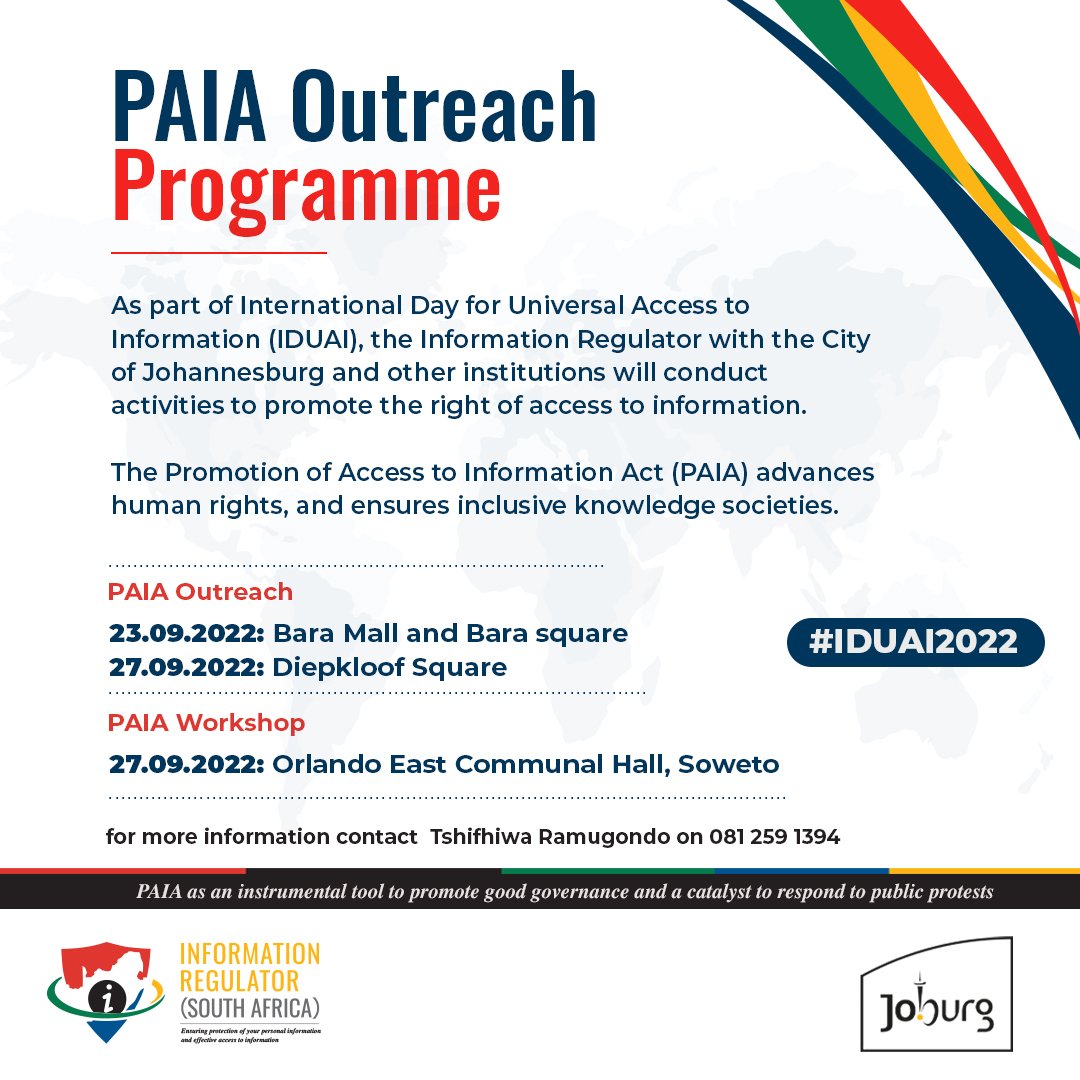 The Regulator is criss-crossing Soweto 📍creating awareness on the right of access to information. It is important for communities to know the power that #PAIA can wield to protect and exercise other rights. #InfoRegulator #IDUAI #AccessToInfo #RightToKnow