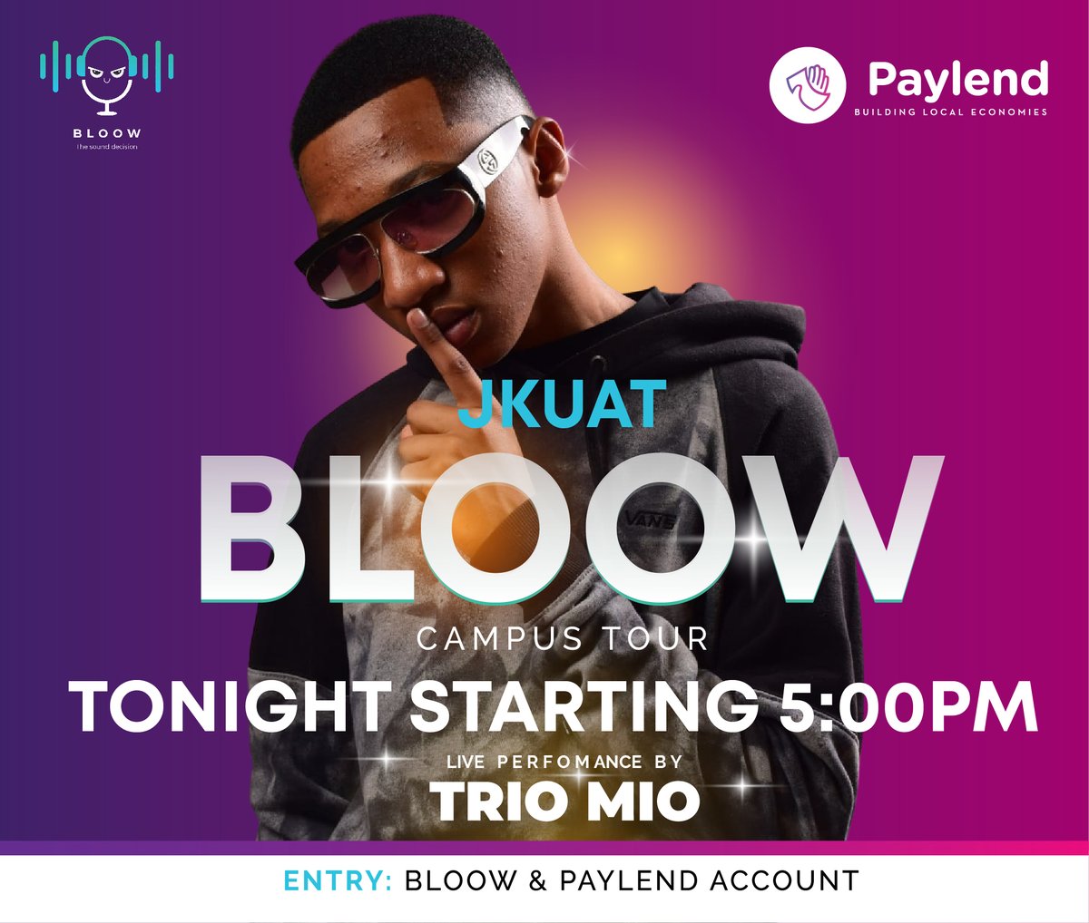 mypaylend's tweet photo. Lero ni Lero! We are in the building, JKUAT are you ready? Tonight at the assembly hall starting 5:00pm.  Entry: Paylend account and Bloow account. Cheza kama Wewe! #PataVoucher #BuildingLocalEconomies https://t.co/bgqPtTVs2g