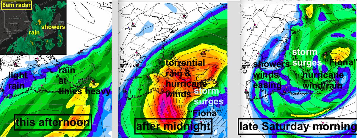 YHZweatherguy's tweet photo. Rain on the front in NS-PEI today. Sleepless night as Fiona approaches this eve: hurricane force winds (G120-160km/h) &amp; torrential rain (see pics). Wind/rain eases Sat aftn. Risk catastrophic impacts: extended outages, coastal/inland flooding &amp; washouts, injury/death. Stay safe! https://t.co/B11yQZazZG