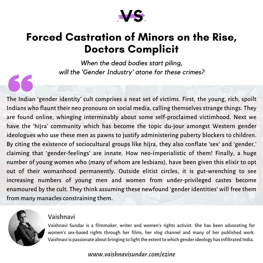 Vaishax's tweet photo. LATEST: Abduction &amp; Forced Castration of Minors on the Rise, Doctors Complicit. When the dead bodies start piling, will the ‘Gender Industry’ atone for these crimes?
Link: https://t.co/SRVXVfGRGU
Kindly RT - this is a crisis.
#ezine #vsezine #sexnotgender #notinmyname #india https://t.co/NXWW4xAPNE