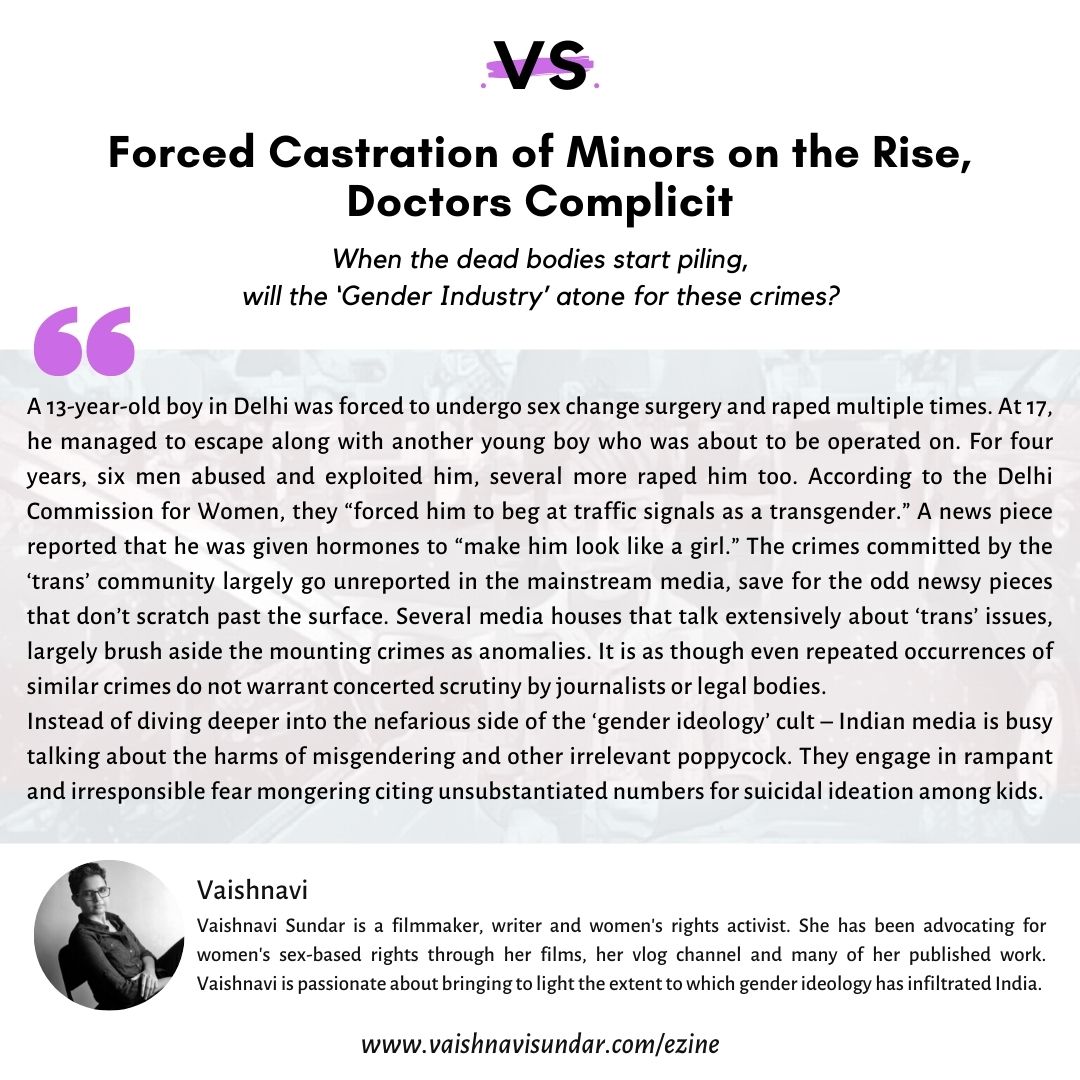 Vaishax's tweet photo. LATEST: Abduction &amp; Forced Castration of Minors on the Rise, Doctors Complicit. When the dead bodies start piling, will the ‘Gender Industry’ atone for these crimes?
Link: https://t.co/SRVXVfGRGU
Kindly RT - this is a crisis.
#ezine #vsezine #sexnotgender #notinmyname #india https://t.co/NXWW4xAPNE