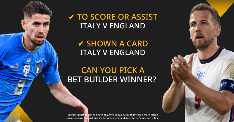 Betfair's tweet photo. 🎁 BET BUILDER COMP

To celebrate our £2 free Bet Builder for Italy v England we're giving away 2 x £25 free bets

To be in with a chance of winning RT &amp; reply with:

⚽️ Player to Score or Assist
📒 Player to be carded

👉 Remember to claim your £2 free Bet Builder