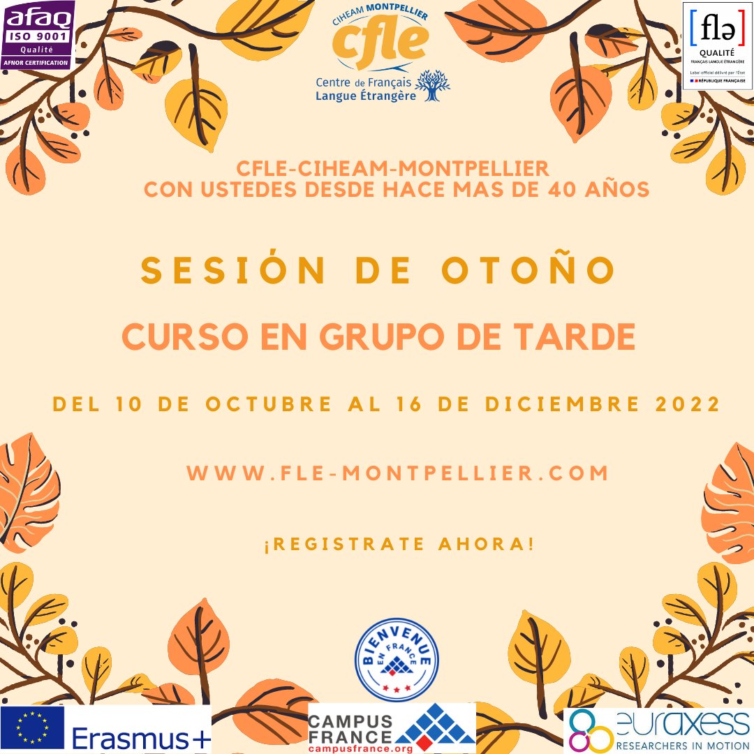 CIHEAMIAMM's tweet photo. Cursos de #Francés en grupo de tarde 🇫🇷 en #Montpellier:
📝 Nuestra sesión de otoño está programada del 10 de octubre al 16 de diciembre de 2022.
Información y tarifas:
➡ https://t.co/TuWjtMcgrf
#cursosdefrancés #Francia #Occitanie #CIHEAMMontpellier #CFLE #AprenderelFrancés https://t.co/A71QjZARod
