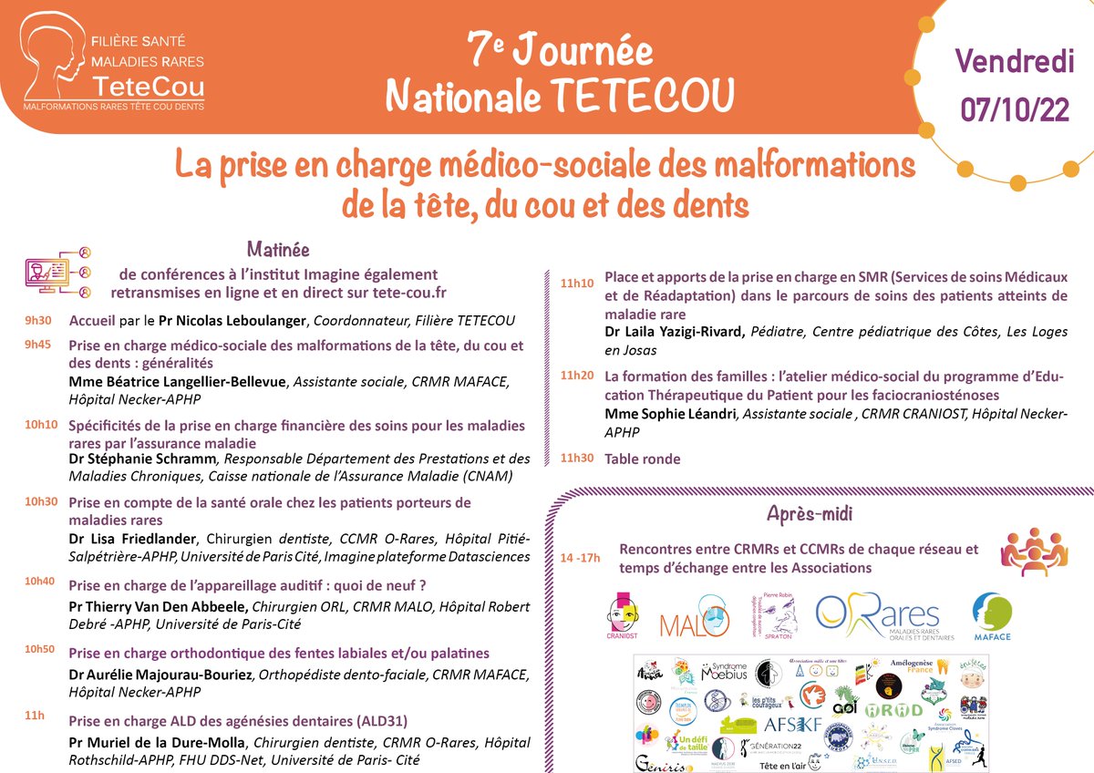 FiliereTETECOU's tweet photo. [J-15 : Journée Nationale #TETECOU 2022]
Programme et Inscription ! 
👉 https://t.co/yXxlxu7b1q
📅 7 oct 2022
🗣La prise en charge médico-sociale des malformations de la tête, du cou et des dents
🎥 en ligne et en direct mais également sur place @InstitutImagine 
#maladiesrares https://t.co/6tgUPuufiq