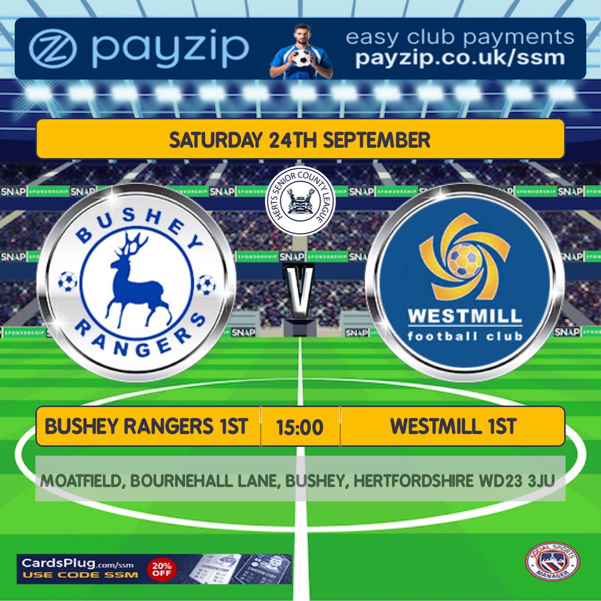 This Saturday we finally get our <a href="/hscfl/">HSCL</a> campaign up and running with an away trip to <a href="/Bushey_Rangers/">Bushey Rangers Seniors</a> Come &amp; support the boys. UTM⚽️

🆚Bushey Rangers Seniors
🏟 Moatfield, WD23 3JU
📅 Saturday 24th September
⏰ 15:00