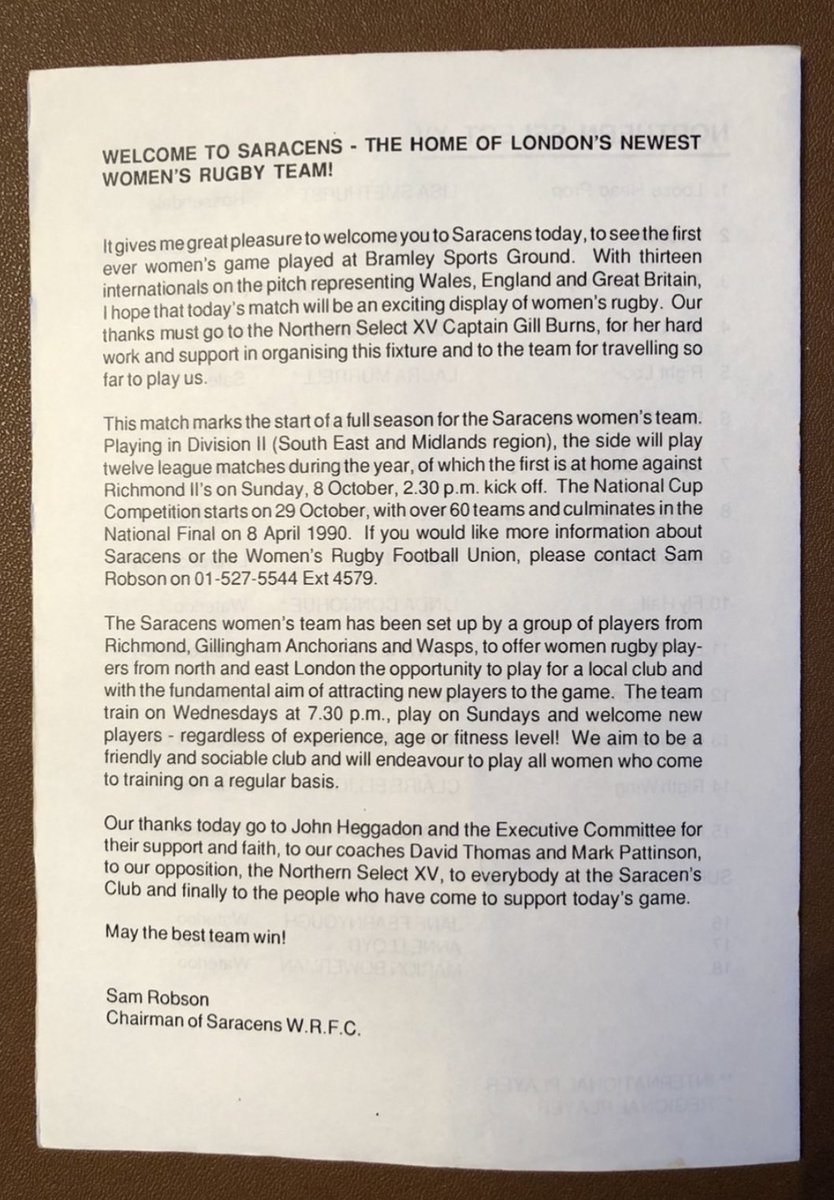 📅 23rd September 1989 🏉 Saracens Women – Northern Select XV 🏟 Bramley Road   Inaugural game for @SaracensWomen with the first of 32 years’ of quality sides! The women won the league & promotion that season and by 93 had a first ever domestic treble of Premiership, Cup & Sevens