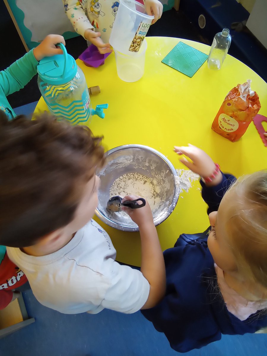 Pre-school are working together and problem solving to make our playdough. "We need water first" says K as he puts it into the bowl.  "Let's pour it" says L as he picks up the flour. "It's too sticky we need more flour" says E as they mix it. <a href="/SarahFilPortico/">Sarah Fillingham</a> <a href="/PorticoNicole/">Nicole Politis</a>
