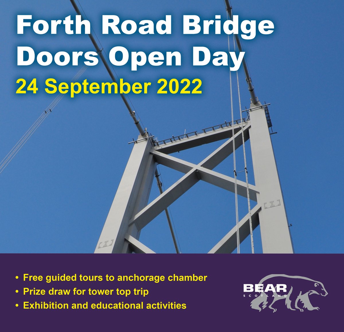 Tomorrow is #DoorsOpenDay at the Forth Road Bridge!

Come along to the Contact and Education Centre in South Queensferry to view the exhibition, take part in activities and enter a charity raffle for a trip to the top of the Forth Road Bridge!

All are welcome.