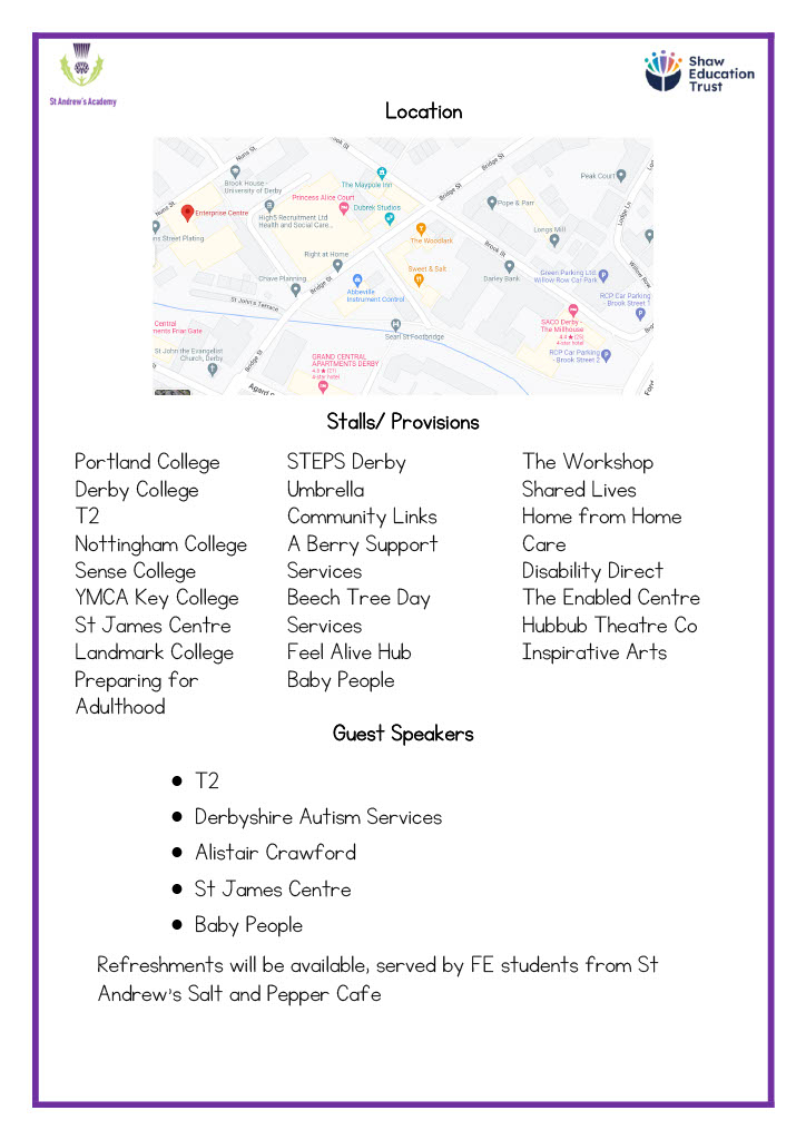 SEND Futures Fair Monday 26th September
<a href="/StMartinsDerby/">St Martins School</a> <a href="/Horizons6thForm/">Horizons Sixth Form</a> <a href="/IvyHouseSchool/">Ivy House School</a> <a href="/bennerleyfields/">Bennerley Fields</a> <a href="/HolbrookFor/">Holbrook School for Autism</a>