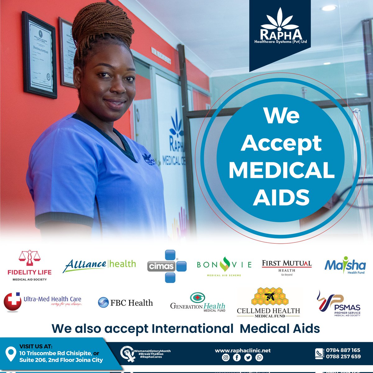 RaphaClinic (@raphaclinic1) on Twitter photo Gentle Reminder: We accept various local and international medical aid plans!Book your appointment or walk in on us without hesitation!
#MedicalAid #healthinsurance
<a href="/BonvieMedical/">bonviemedical</a>
<a href="/GenHealthZW/">Generation Health ZW</a>
<a href="/FidelityLifeZW/">Fidelity Life</a>
@CimasMedical
<a href="/FMH_Health/">First Mutual Health</a>
<a href="/MaishaHealthFnd/">MaishaHealthFund</a>
<a href="/PSMASZim/">PSMAS Zimbabwe</a>
<a href="/cellmed_health/">CellMed Health</a> Gentle Reminder: We accept various local and international medical aid plans!Book your appointment or walk in on us without hesitation!
#MedicalAid #healthinsurance
<a href="/BonvieMedical/">bonviemedical</a>
<a href="/GenHealthZW/">Generation Health ZW</a>
<a href="/FidelityLifeZW/">Fidelity Life</a>
@CimasMedical
<a href="/FMH_Health/">First Mutual Health</a>
<a href="/MaishaHealthFnd/">MaishaHealthFund</a>
<a href="/PSMASZim/">PSMAS Zimbabwe</a>
<a href="/cellmed_health/">CellMed Health</a>