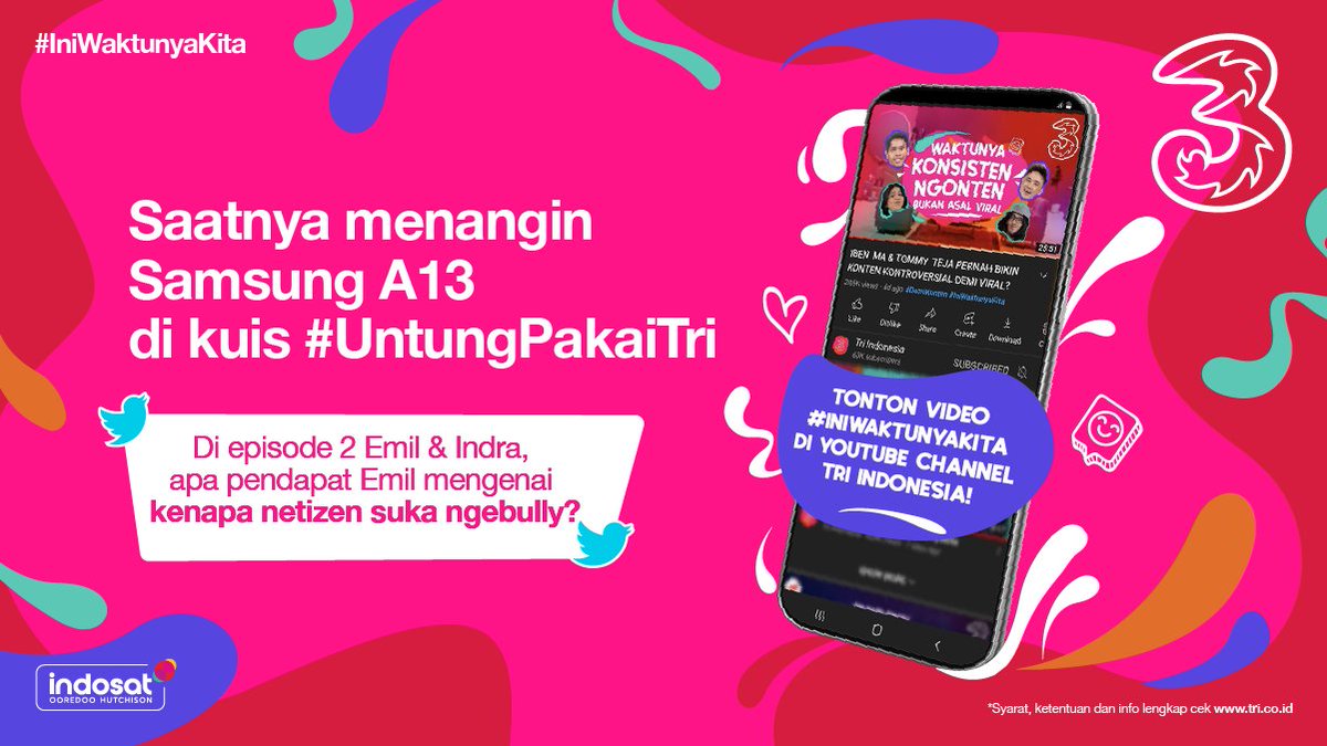 Siapa yang mau HP baru Samsung A13 dari #TriIndonesia?🙋‍♂️

Kalo kamu mau, yuk ikut kuis #UntungPakaiTri.

Kamu tinggal jawab pertanyaan pada gambar di bawah ini, Gaes.

Nonton di video Episode 2 #IniWaktunyaKita biar kamu tau jawabannya: youtube.com/watch?v=I68xAn… 

#IOHSatuJaringan
