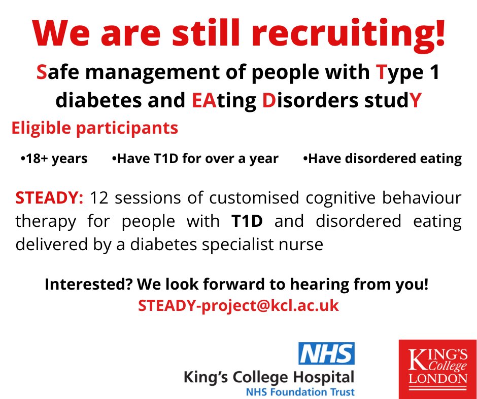 KCLDiabetesPsych (@kcldpsych) on Twitter photo We are still recruiting! We are looking for research participants with #T1D & #disorderedeating to help us test the STEADY intervention to help recovery from #T1DE. Email steady-project@kcl.ac.uk for info. #STEADYT1DE #GBDoc <a href="/NIHRresearch/">National Institute for Health and Care Research</a> <a href="/DiabetesUK/">Diabetes UK</a> <a href="/DiabetesKings/">King’s Diabetes</a> We are still recruiting! We are looking for research participants with #T1D & #disorderedeating to help us test the STEADY intervention to help recovery from #T1DE. Email steady-project@kcl.ac.uk for info. #STEADYT1DE #GBDoc <a href="/NIHRresearch/">National Institute for Health and Care Research</a> <a href="/DiabetesUK/">Diabetes UK</a> <a href="/DiabetesKings/">King’s Diabetes</a>