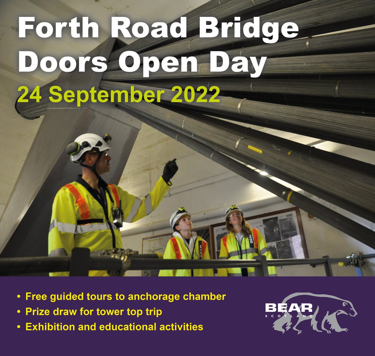 Tomorrow is #DoorsOpenDay at the Forth Road Bridge!

Bridge tours are fully booked, but spaces will be filled first come, first served if there are cancellations on the day.

No booking is required to visit the exhibition and enter our charity raffle for a tower top trip!
