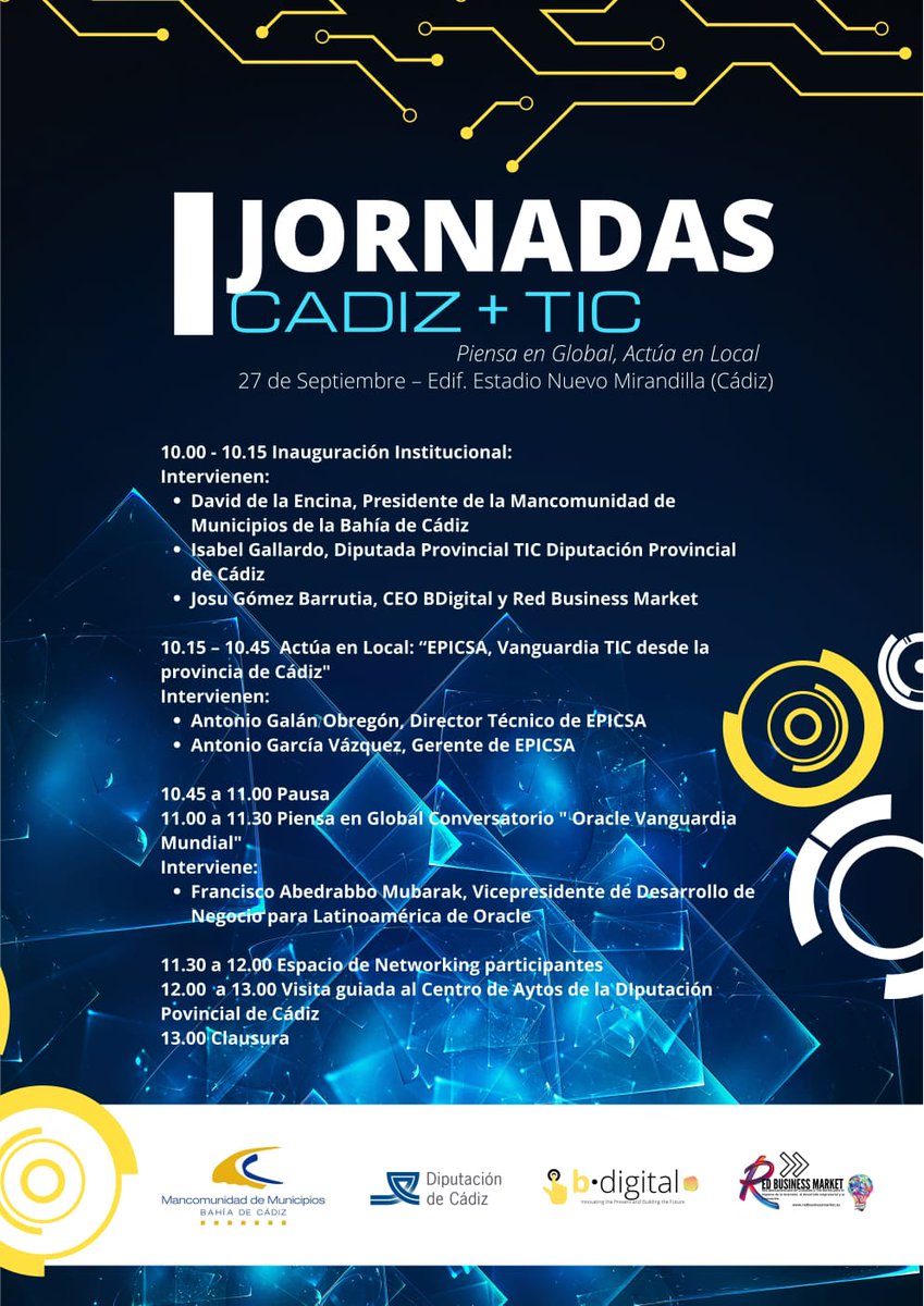 EPICSADC's tweet photo. 🎟️ Te invitamos a las I Jornadas CÁDIZ + TIC el próximo 🗓️ martes 27 a partir de las 10:00 am en el edificio Estadio Nuevo Mirandilla. Entrada libre.
#Epicsa https://t.co/PAVEEprCTe