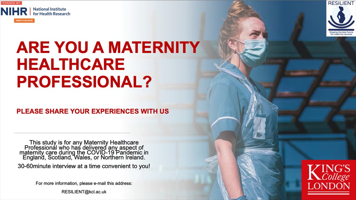 Seeking #HealthcareProfessionals who delivered #MaternityCare during the #COVID19 #Pandemic to interview for our 
<a href="/RESILIENT_KCL/">RESILIENT</a>

 #Research on post-pandemic planning of maternity services. E-mail: RESILIENT@kcl.ac.uk  #HCP #Maternity #BuildBackBetter #BuildBackFairer #RESILIENT