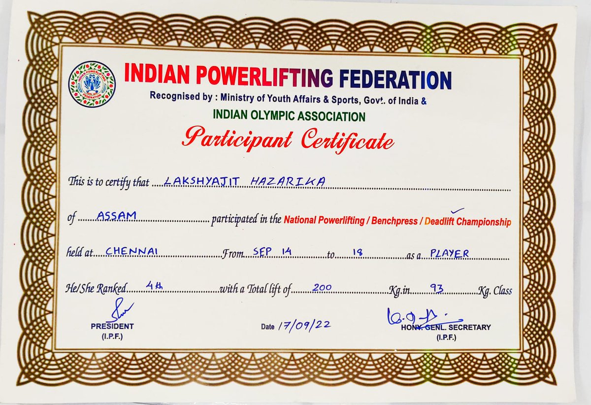 nccner's tweet photo. Cdt Lakshyajit of Nagaon college under 8 Assam Battalion NCC, Tezpur Gp has been adjudged fourth in the Indian Powerlifting Competition held in Chennai representing the state of Assam.@HQ_DG_NCC @proshillong @drajaykumar_ias @SpokespersonMoD https://t.co/2f3CKZAaqv