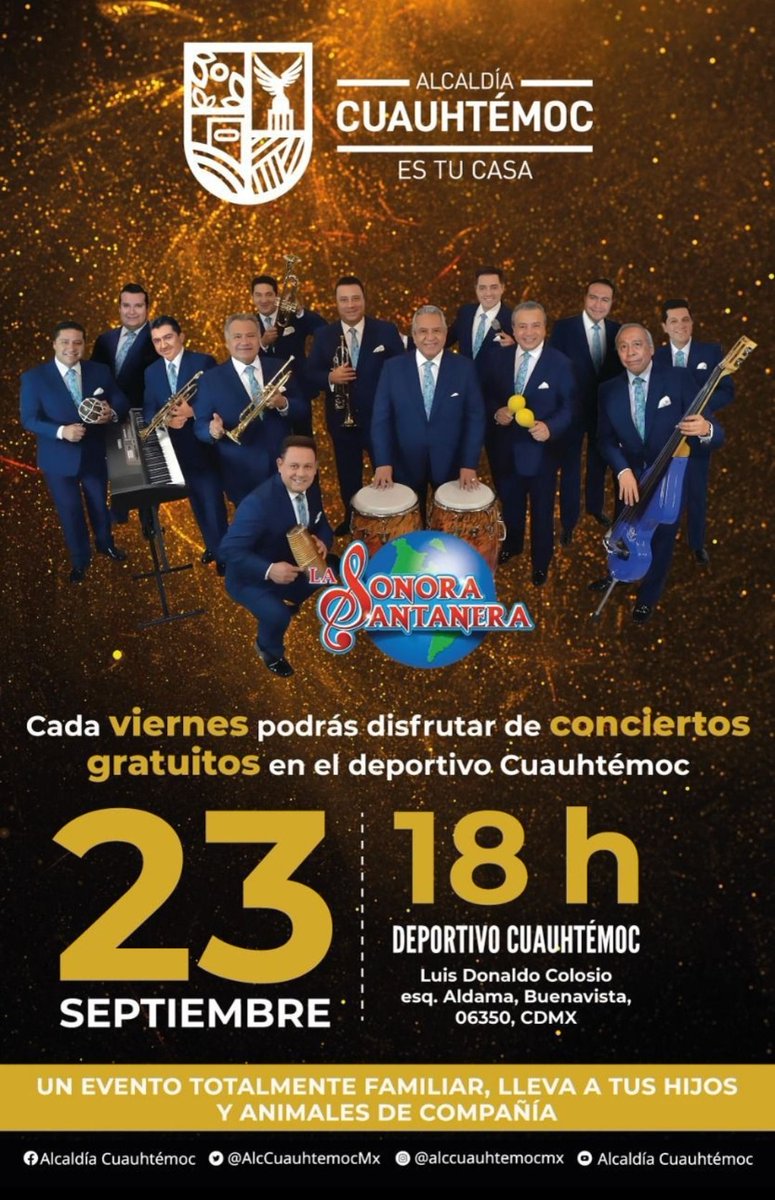 RPSANTANERA's tweet photo. Ten un bonito fin de semana bailando con La Sonora Santanera a partir de las 6:00 pm @ABC760AM @AlcCuauhtemocMx @OEMenlinea @Univ_espect @SantaneraMx @TvsEspectaculos @janettarceo @heraldodemexico @Adela_Micha @Excelsior @Radio_Formula @La_Taquilla @ReneFranco @ovaciones https://t.co/UBSd4Eeu7C