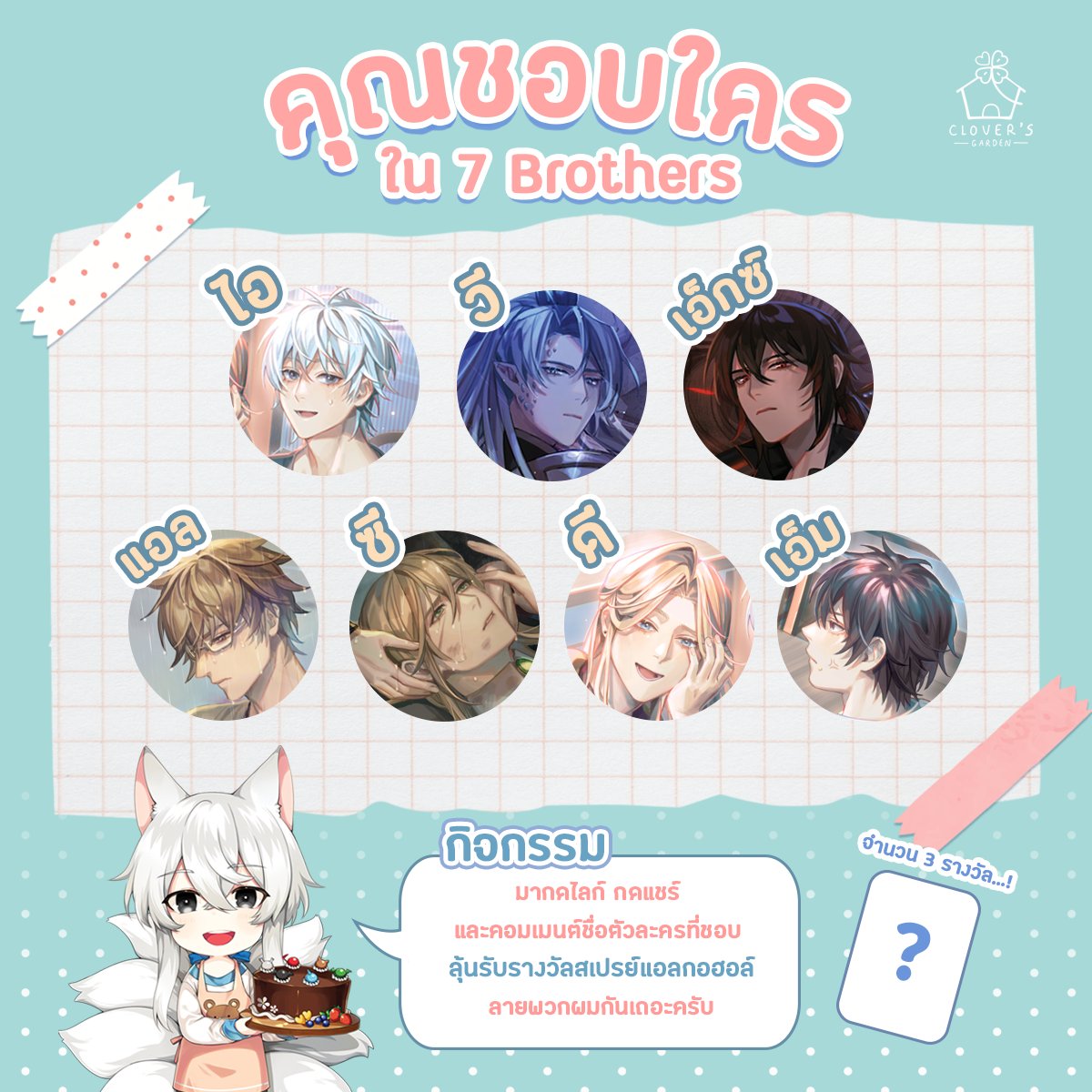 cloverbook_th's tweet photo. ในบรรดา 7 พี่น้องจาก #7Brothers ทุกคนชอบใครมากที่สุดคะ?😊
มาเมนชันเมนในดวงใจ💖พร้อมลุ้นรับสเปรย์แอลกอฮอล์จำนวน 3 รางวัลได้เลยค่ะ!
⭐️กติกา⭐️
1.รีทวีตนี้
2.เมนชันชื่อตัวละครที่ชอบ
เท่านี้ก็รับสเปรย์แอลกอฮอล์ลายที่ชอบไปได้เลยค่า🎁
🏆ประกาศผลรางวัล วันที่ 27 กันยายน 2565
#น้องๆของไอ https://t.co/rt7XSET779
