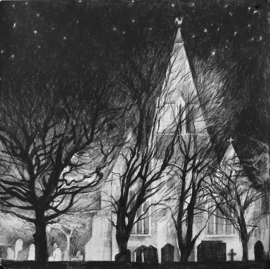 Picture for today from XM: Grouville Church, pencil in paper 20 x 20 cms <a href="/fishslabgallery/">fishslab art gallery</a> <a href="/WhitstableLive/">Whitstable Live</a>