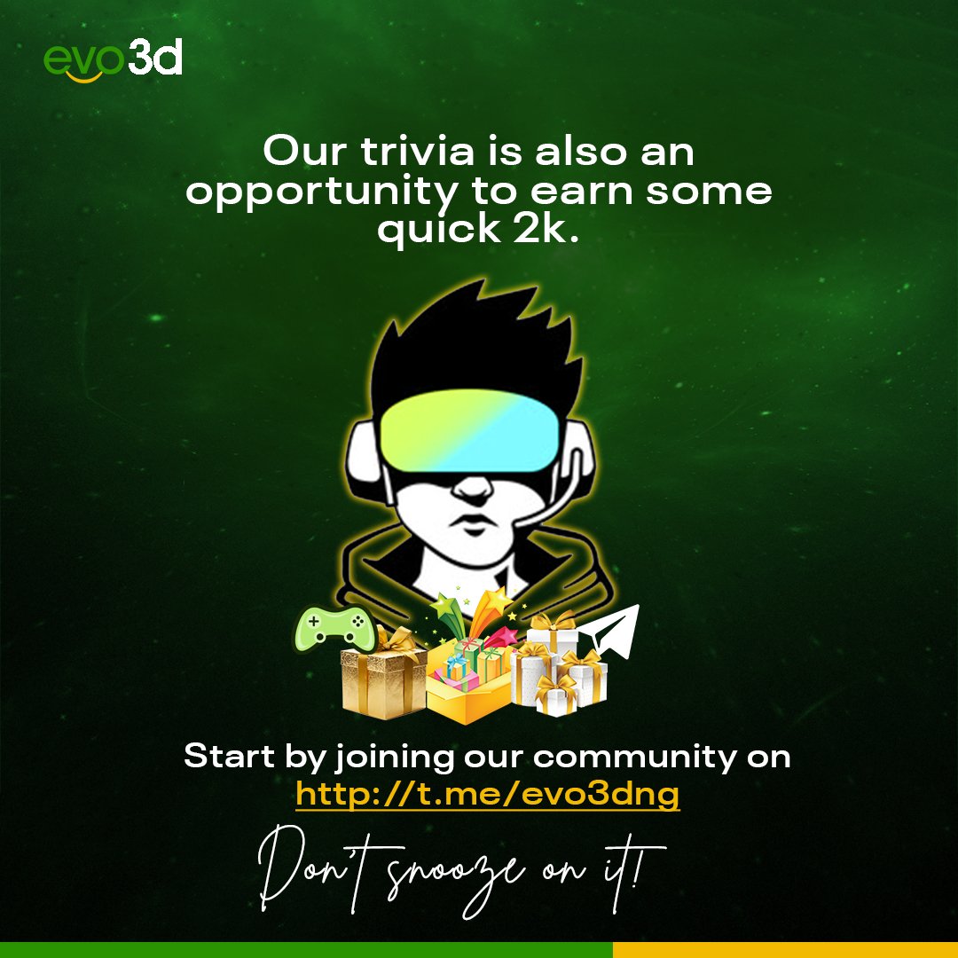 evo3dng's tweet photo. 2/2
You should participate in our ongoing trivia to get an opportunity to win amazing prizes.😉

To participate, join our community here https://t.co/VsiERwQo87

#evo3d
#gamified
#playtoearn
#environment
#blockchain https://t.co/G5qVPPaQtB