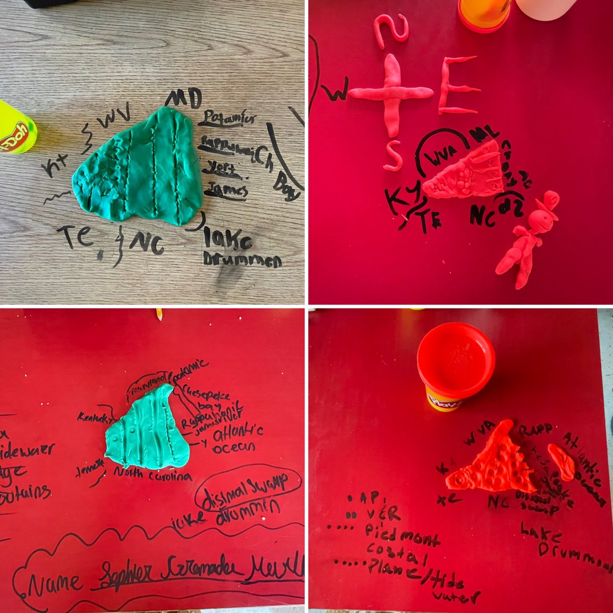 Ferguson_RES's tweet photo. Morning review for VS - regions, water features, and bordering states.  #playdo for the win! #4thgraderocks @weRrandolph #makingprogress #showwhatyouknow https://t.co/t0HMpcIj6t