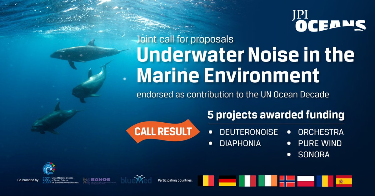 📢Congratulations to the 5 projects awarded funding under the ‘#Underwater #Noise in the #Marine #Environment’ @JPIOceans call - a collaboration between 🇧🇪🇩🇪 🇮🇪 🇮🇹 🇳🇴 🇵🇱 🇷🇴 🇪🇸 with @BANOS_CSA @BlueMedEU @NOAA @UNOceanDecade! 

More info: bit.ly/3R7Otw3