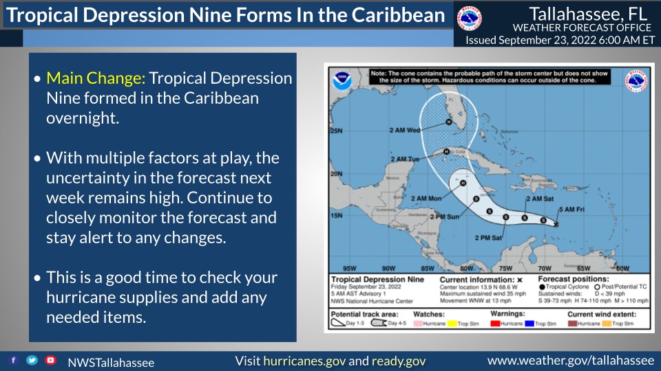 NWSTallahassee's tweet photo. Tropical Depression Nine formed in the central Caribbean this morning. Now is a good time to review your hurricane plan and restock any needed items in your hurricane kit. 🎒🥫🔦 https://t.co/HkFpkFuPVQ