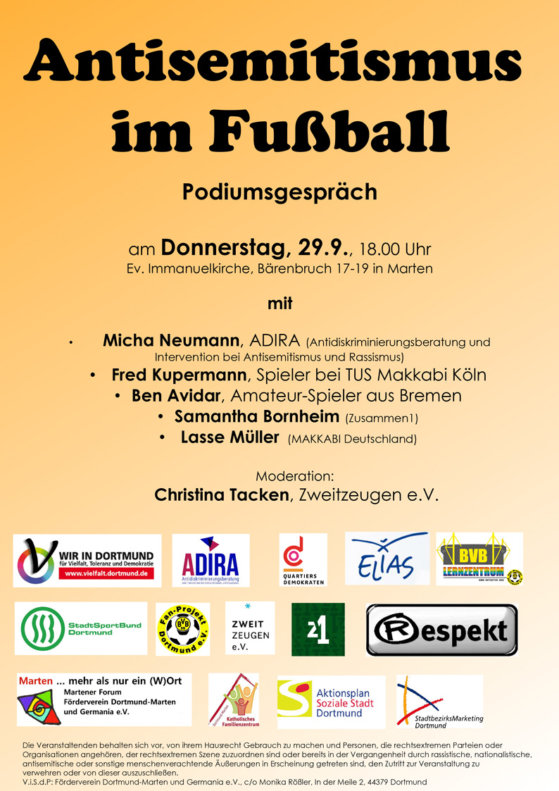 Terminhinweis: Am 29.09. diskutiert Micha Neumann von ADIRA zusammen mit <a href="/FredKpm/">Fred Kupermann</a>, <a href="/Zusammen1MD/">Zusammen1</a> und Ben Avidar unter Moderation von @zweitzeugen im Rahmen der Ausstellung "Kick Racism out" in #Dortmund-#Marten über #Antisemitismus im #Fußball.
