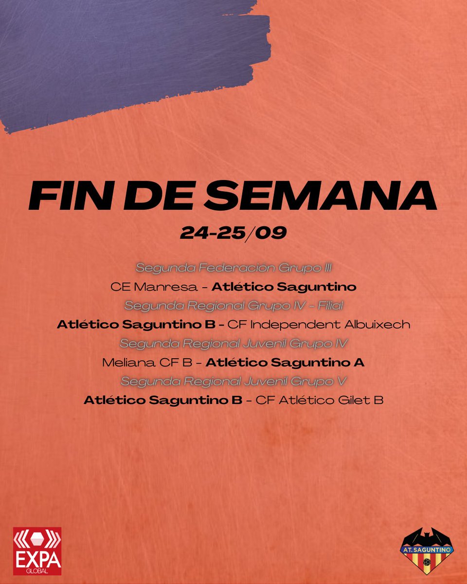 ⚽ 𝐅𝐈𝐍 𝐃𝐄 𝐒𝐄𝐌𝐀𝐍𝐀

Cuatro partidos de liga este fin de semana. Dos en casa. ¡¡Debut del filial incluido!! 💪🏼❤️💙⚔️

➕ℹ️ atleticosaguntino.es/Actualidad/Car…
