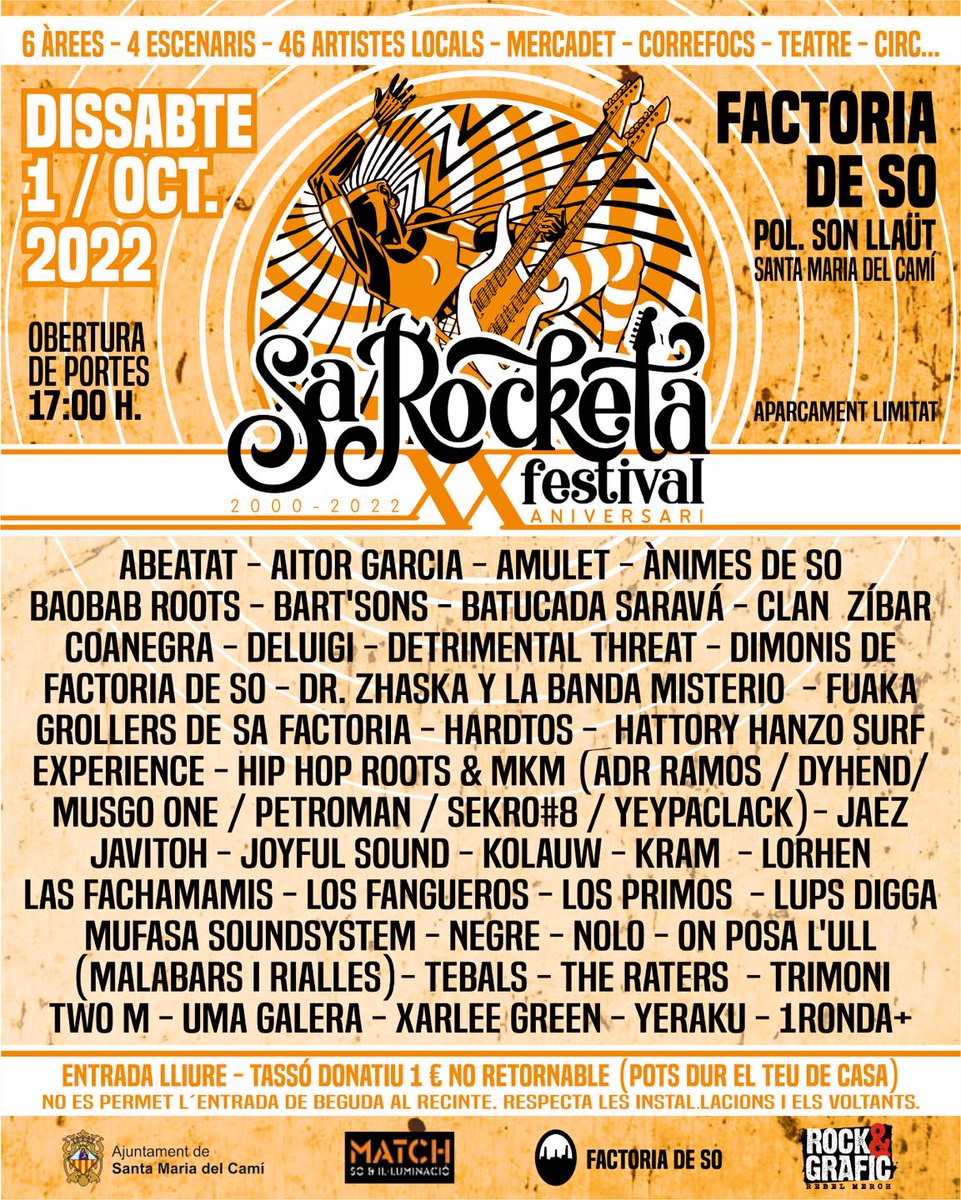 grollers's tweet photo. 20 edicions, 6 escenaris, 46 grups, 150 artistes, fireta .... diversió, arrelament, respecte, Km0 cultural, autogestió col·lectiva, ....
Senzillament Sa Rocketa Festival. T'ho perdràs? Noltros hi serem.
Dissabte 01/Oct a Factoria de So

#SaRocketa #SaRocketaFestival https://t.co/cWUVJ0CDxC