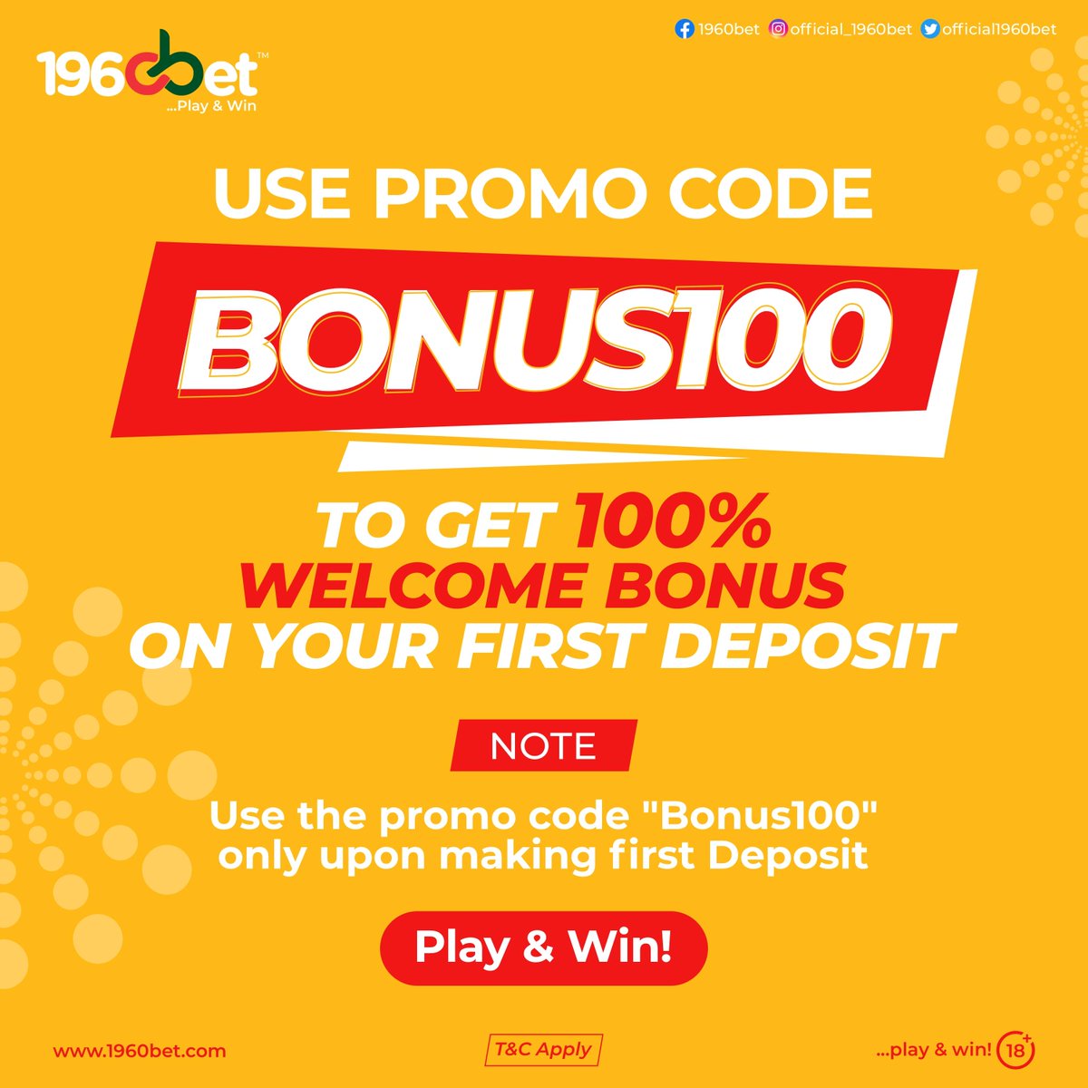 1960BetSupport's tweet photo. We got YOU covered!

Use the promo code "Bonus100" to get 100% on your first deposit to PLAY and WIN!

Visit https://t.co/Xj3vUExk39 or download our app here
👉 https://t.co/yWrnd56Bs6

#PlayandWin #PROMO #advertising #sales #like #follow #marketing #branding #instagram https://t.co/WWffDIyjB3