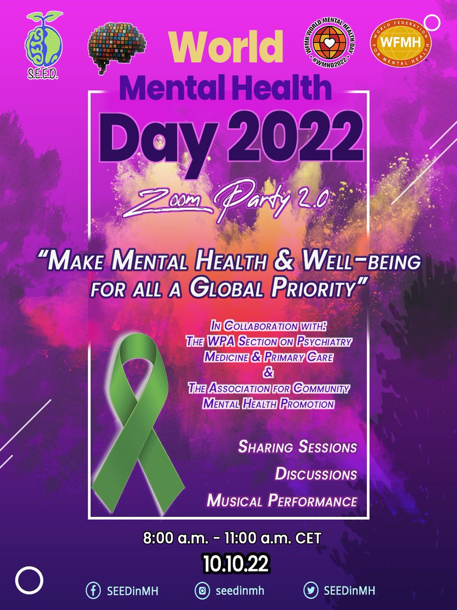 SEEDinMH's tweet photo. In conjunction with World Mental Health Day 2022, we present our World Mental Health Day Zoom Party, for the second time!!
It will be live streamed via the YouTube channel linked:
https://t.co/IqeRgkedNb 

#WMHD22 #OurMentalHealthJourney
#Psychiatry #medstudent https://t.co/sowQEp7GQB