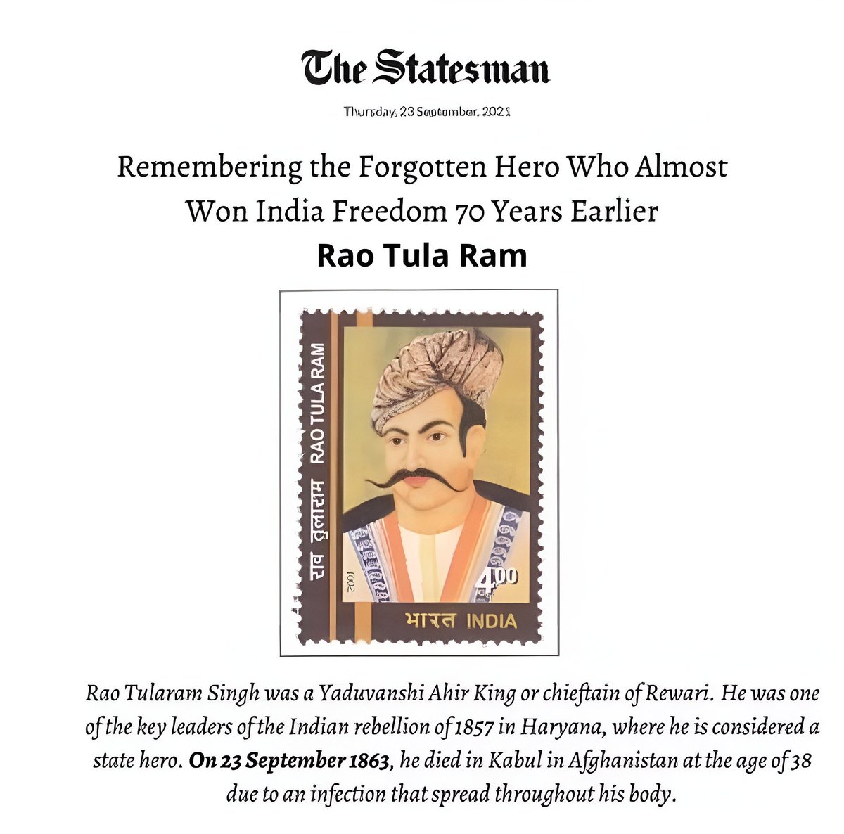 YdvkulSanskriti's tweet photo. Tributes to the great hero of the 1857's revolution, Yadukul Bhushan The king of ahirwal "Maharaj Rao Tularam Singh Bahadur" on his martyrs day.

#Krishna #Yadav #RaoTulaRam #राव_तुलाराम_बलिदान_दिवस 
#अहिर_रेजिमेंट_हक़_है_हमारा https://t.co/BvMBCKPScl