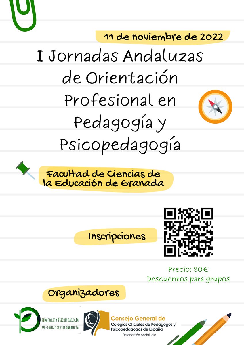 Talleres, ponencias, stands sobre Pedagogía y Psicopedagogía en contextos sociales. Gabinetes. Consultoría. Orientación y RRHH. Contextos emergentes: "Derecho - Deporte - Ciberseguridad".
coapype.wixsite.com/coapype/ponent…

#pedagogía #psicopedagogía #coapype #jornadasgranada11nov22