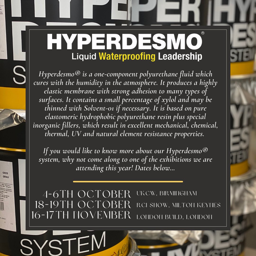 AlchimicaUk's tweet photo. Hyperdesmo® is a one-component polyurethane fluid which cures with the humidity in the atmosphere. 

Want to know more? Why not come along to one of the exhibitions we are attending this year! Dates below...

📞 - 01437 563564
📧 - info@alchimica.co.uk https://t.co/6c9Uwc0SU8
