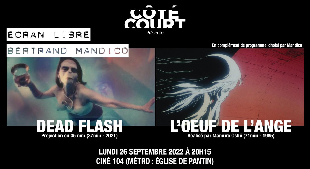 ÉCRAN LIBRE #1
Lundi 26.09 à 20h15, le cinéaste Bertrand Mandico sera au Ciné 104 pour présenter son film Dead Flash projeté en copie 35 mm!
En complément de programme, Mandico vous invite à (re)découvrir L'Oeuf de l'ange de Mamuro Oshii.
🎟: 3,5e//Gratuit pour les adhérent.e.s