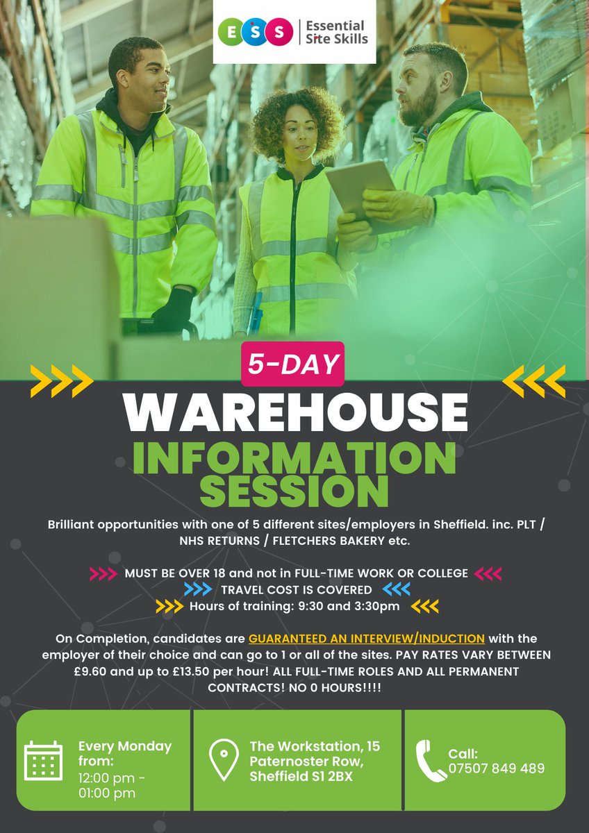 BigAmbitionsCIC's tweet photo. Are you looking for a Career in #Warehousing?👷‍♂️👷‍♀️

@EssentialSiteSkillsLtd is holding its weekly 5-day Information Session this Monday 26th September!

✅FREE ENTRY
✅Travel Reimbursed
✅Guaranteed Interviews

Call us on 01142760039 or contact Matt on 07507849489 for more info. https://t.co/opTsHspLPu