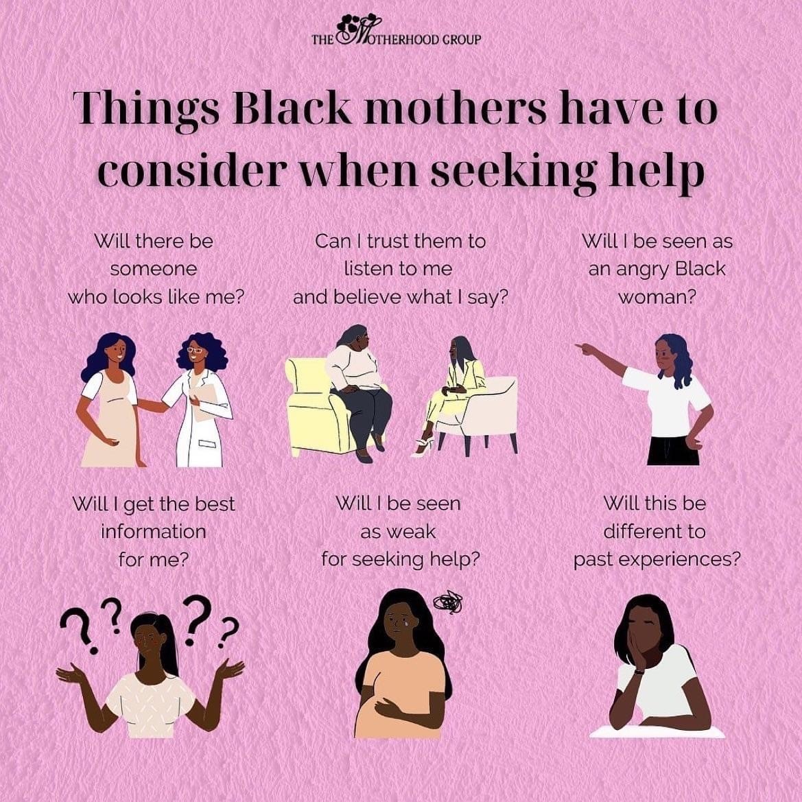 We love this infographic from @TheMotherhoodGroup sharing what things Black Mothers have to consider when seeking help #BMMHW22 #fairness #equal