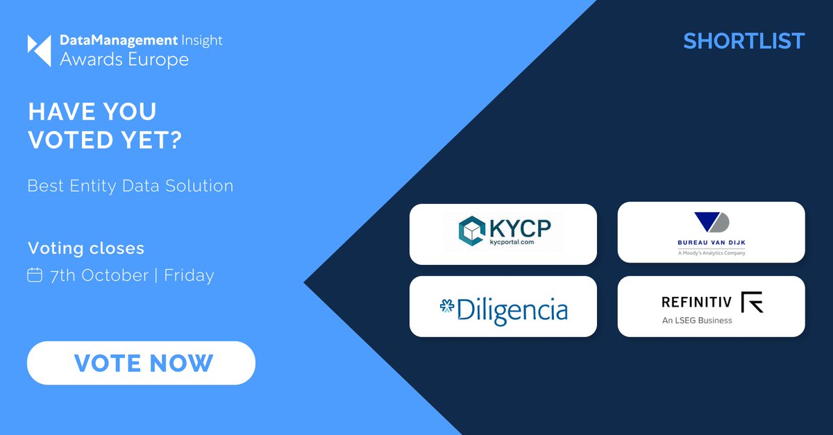 DataMgmtInsight's tweet photo. Vote now for Best Entity Data Solution in the 2022 Data Management Insight Awards Europe!
https://t.co/vNpNmcDBvc
#DMIawards #datamanagement #entitydata @KYCPortal @bureauvandijk @Refinitiv @DiligenciaGroup https://t.co/0J4Y86UqDx
