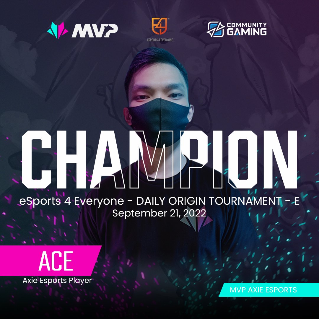 mvpesportsph's tweet photo. Way to go ACE! He got another championship title in eSports 4 Everyone - DAILY ORIGIN TOURNAMENT - E. Truly impressive back-to-back championships.

Your third championship title awaits! The pack is rooting for you.

#MVPGuild #MVPAxieEsports https://t.co/cxr6XHzZPM