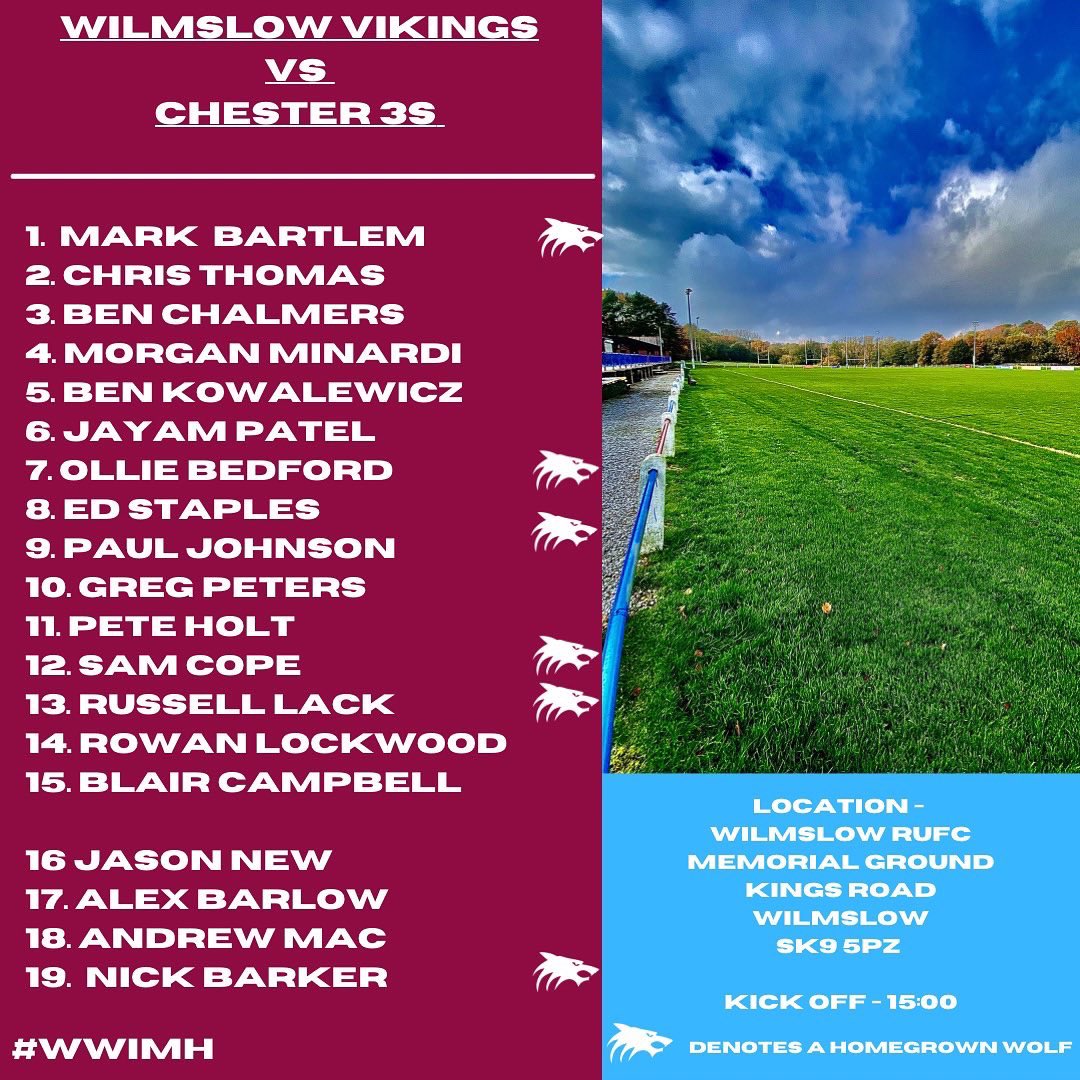 TEAM NEWS!! 
Not only one team this week but two!!
Wolves are away to <a href="/broughtonparkfc/">Broughton Park Rugby</a> while the the Vikings are playing <a href="/ChesterRUFC/">Chester RUFC</a> 3s at home
Get down and support both teams

#WWIMH