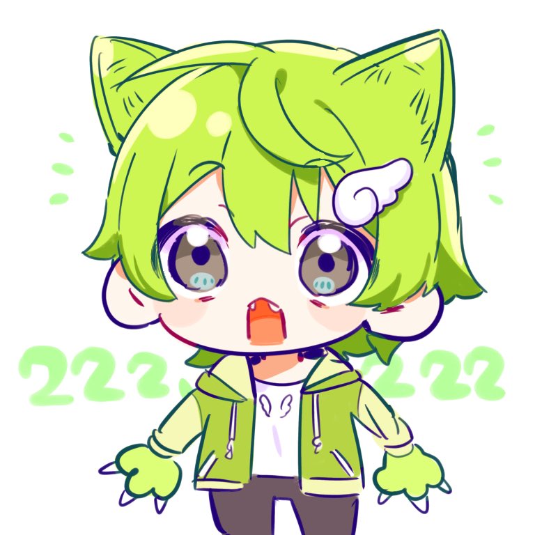 1boy male focus chibi green hair animal ears solo open mouth  illustration images