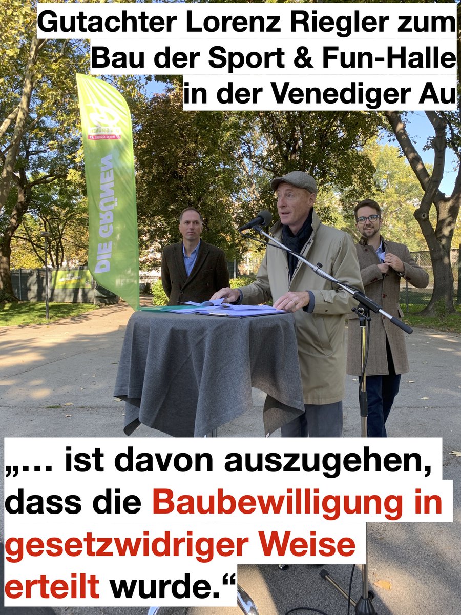 grueneleo's tweet photo. Der Baurechtsexperte Dr. Lorenz Riegler stellt in seinem Gutachten fest, dass der Bau der Sport &amp; Fun-Halle in der #VenedigerAu illegal ist! @bernhard_seitz und @KIlIeou werden daher bei der Staatsanwaltschaft Wien eine Anzeige wegen des Verdachts auf Amtsmissbrauch einbringen. https://t.co/S7FXmeJCsp