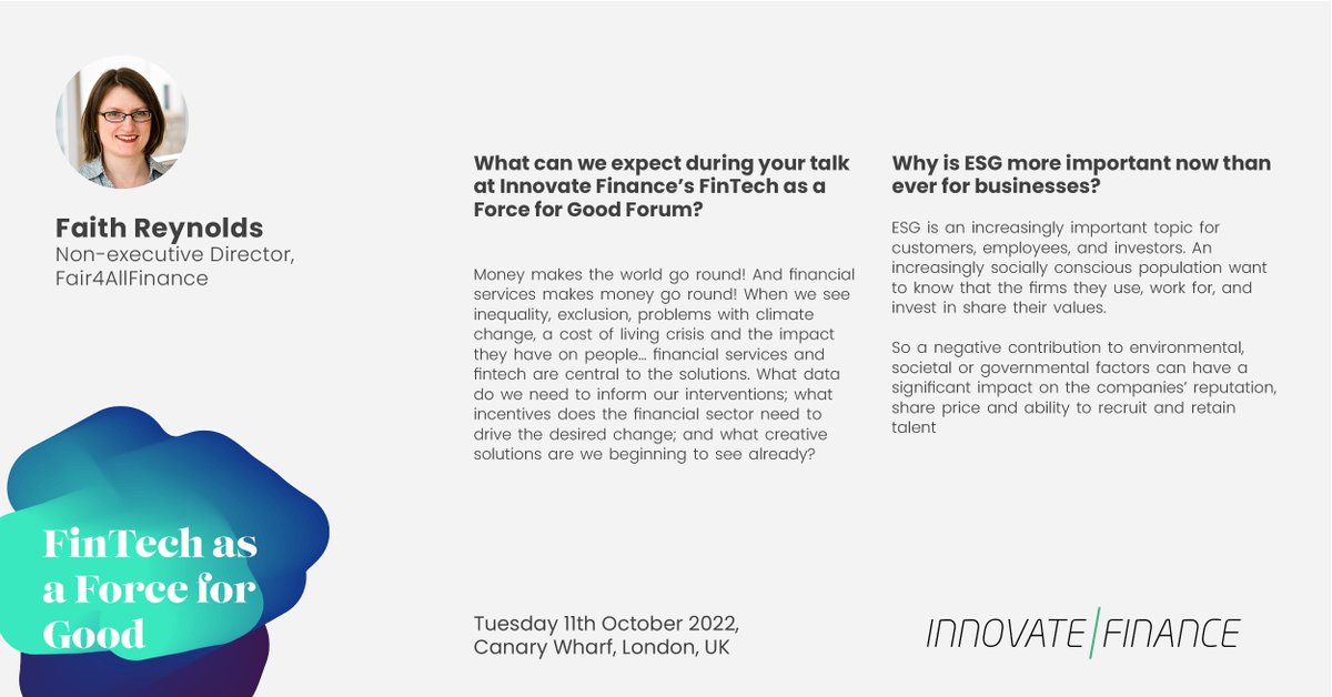 InnFin's tweet photo. Meet the speakers making #FinTechAsAForceForGood this October!
๐ฃ๏ธ Here's Non-executive Director @Fair4AllFinance, #FaithReynolds on what her session will cover
Find out more about the forum here๐
๐https://t.co/vLUizWqSEi
#FinTechForGood #ESGFinTech #FinTechForNetZero https://t.co/WzMLup1Ttn