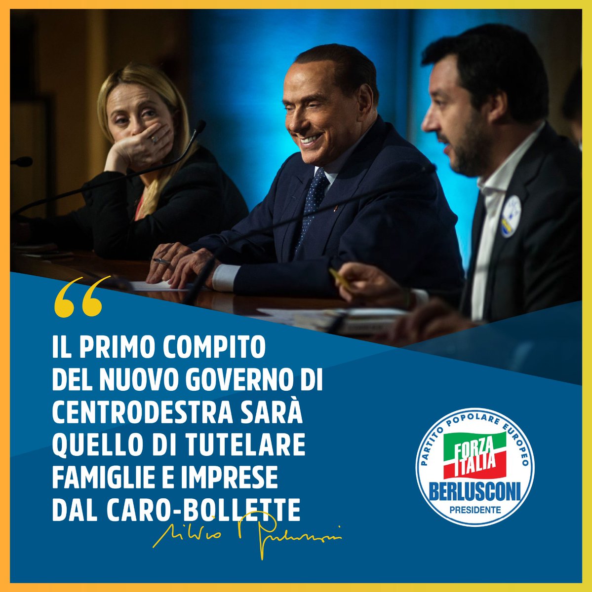 Avremo un governo di centrodestra molto presto. Il primo provvedimento servirà per tutelare famiglie e imprese dal caro-bollette. 
Lo Stato deve farsi carico dello sforzo e dell'onere per riportare le bollette ai livelli pre-crisi o poco oltre.