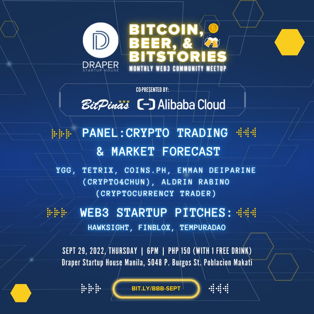 dshphilippines's tweet photo. Join us on Sept 29 at BBB: CRYPTO TRADING for beginners &amp; experts @helloluis @rootingforceles @YGGPilipinas @coinsph @TetrixNetwork @Crypto4chun @finblox @0xBrewery @HawksightCo so come join us! 🍻This event is co-presented by 
@BitPinas @alibaba_cloud 
👉https://t.co/O8rDBOOswj https://t.co/a3PJwr4VZw