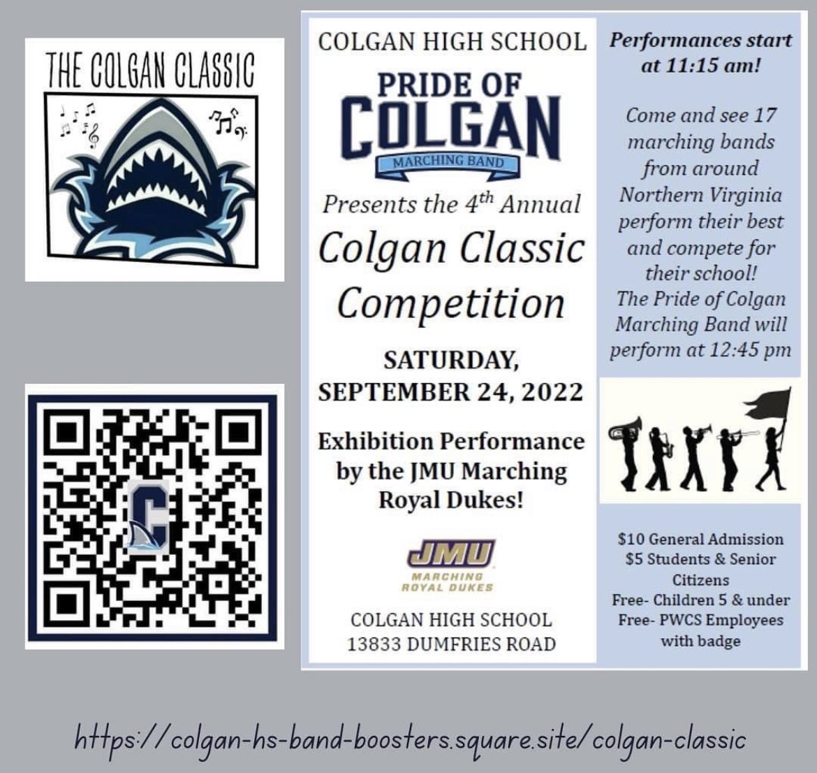 colganathletics's tweet photo. 🎶🚩TOMORROW!! Join us for the Colgan Classic!!!!  Buy your tickets now 🎶 🚩 @colganhs @colgan_hs @colganband  🎶🎼🎷🎺🎼🎷🎺 https://t.co/wnk2roNl1Z