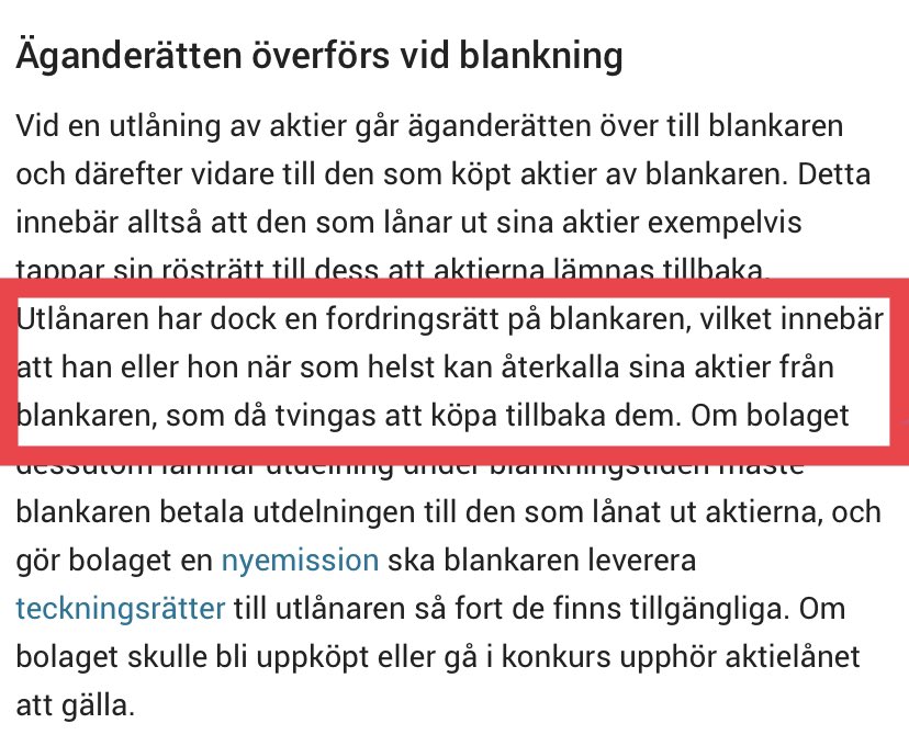 Hoppas alla aktieägare som lånar ut sina aktier till blankare får bra betalt🤞 Om inte så kan man som aktieägare när som helst begära att få tillbaka sina aktier och blankaren är då skyldig att köpa tillbaka aktierna och återlämna dem👍😊  (Källa: Avanza)