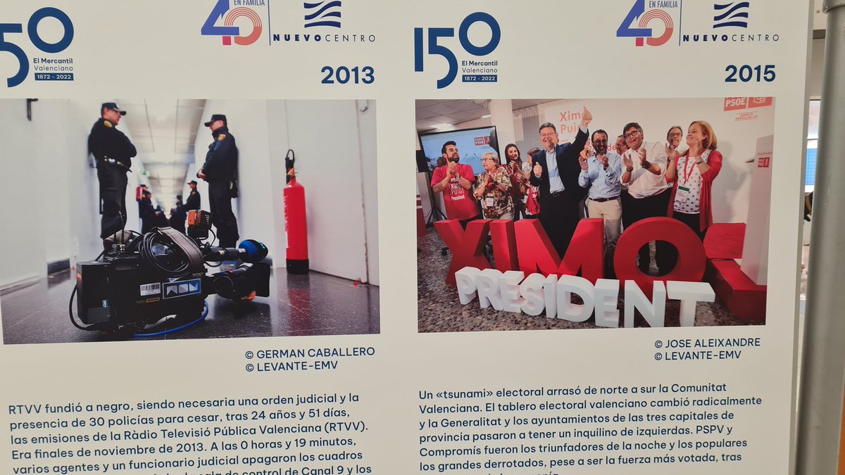 Silvia_TomSan's tweet photo. La exposición fotográfica que recoge algunos de los momentos clave de la historia reciente de Valencia para conmemorar el 150 aniversario de @levante_emv ya está en #NuevoCentro y, señoras y señores, anda que no han pasado cosas... https://t.co/J4cdAVe2Y0