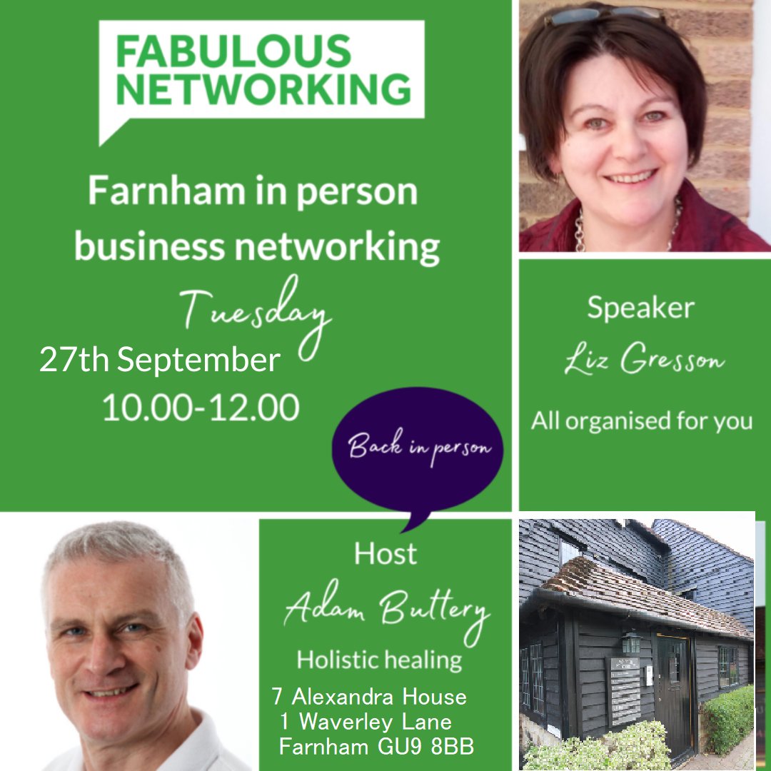 #Fabulous #Farnham - the only regular #business #networking in town!
Friendly people, no lock-outs, great coffee and pastries.
Our speaker is Liz Gresson from Getting It All Done - getting us all organised!
Book here bit.ly/3xMVGuO

I look forward to seeing you there!